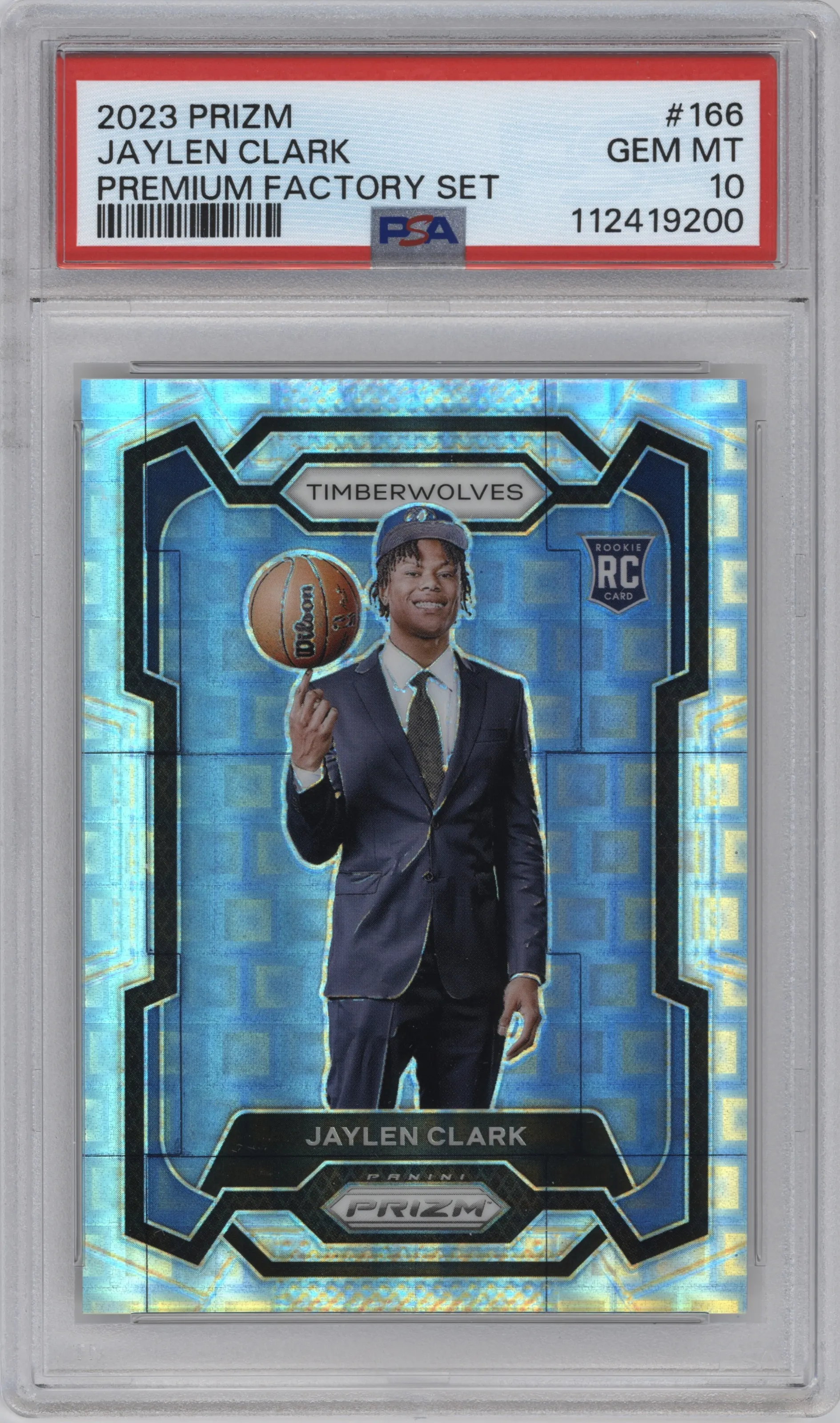 Jaylen Clark from the 2023-24 Panini Prizm set featuring a Premium Factory Set parallel graded by PSA and given an overall grade of 10.