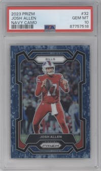 Josh Allen from the 2023 Panini Prizm set featuring a Navy Camo parallel graded by PSA and given an overall grade of 10.