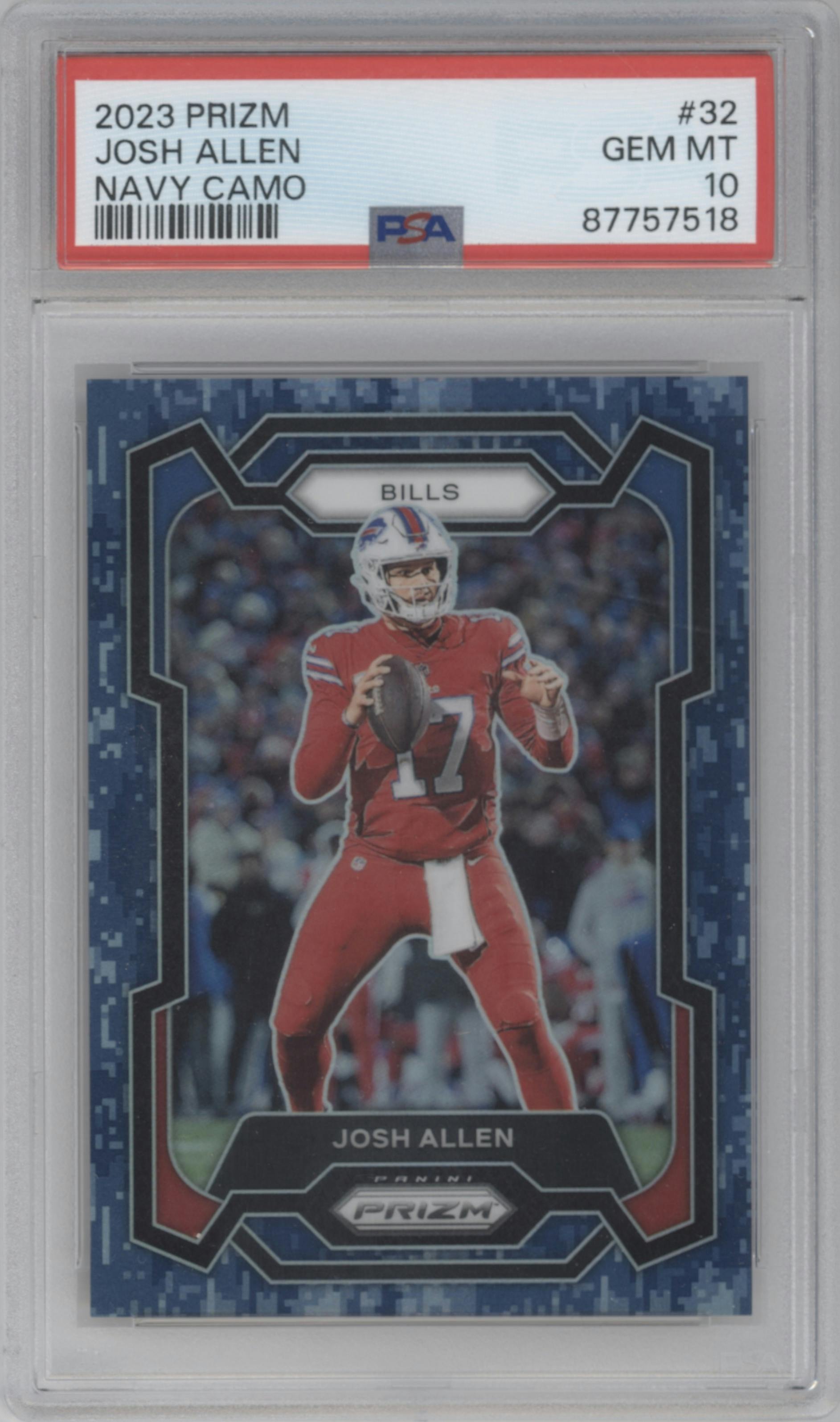 Josh Allen from the 2023 Panini Prizm set featuring a Navy Camo parallel graded by PSA and given an overall grade of 10.