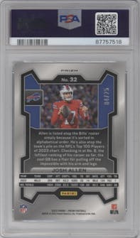 Josh Allen from the 2023 Panini Prizm set featuring a Navy Camo parallel graded by PSA and given an overall grade of 10.