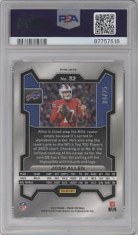 Josh Allen from the 2023 Panini Prizm set featuring a Navy Camo parallel graded by PSA and given an overall grade of 10.