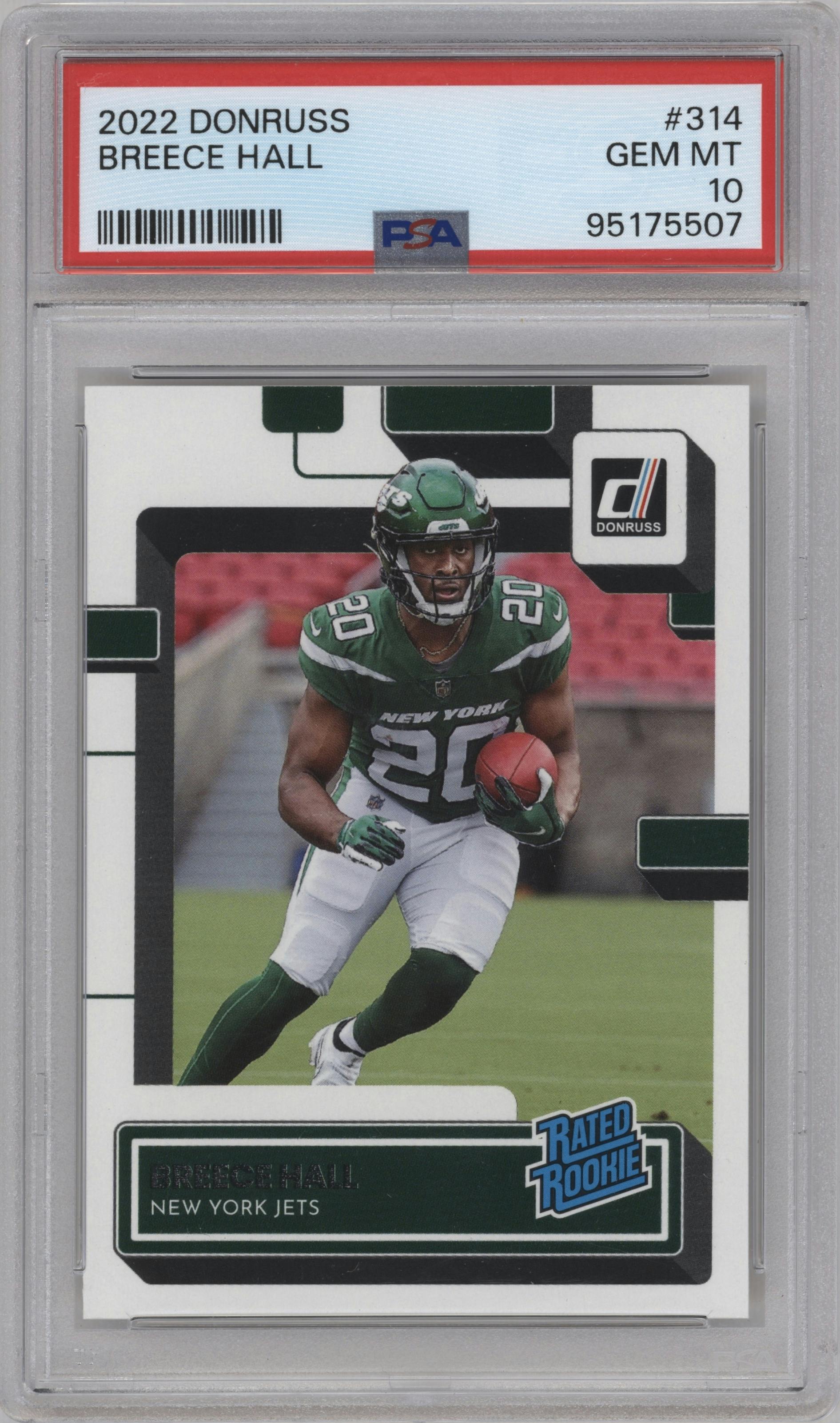 Breece Hall from the 2022 Panini Donruss set graded by PSA and given an overall grade of 10.
