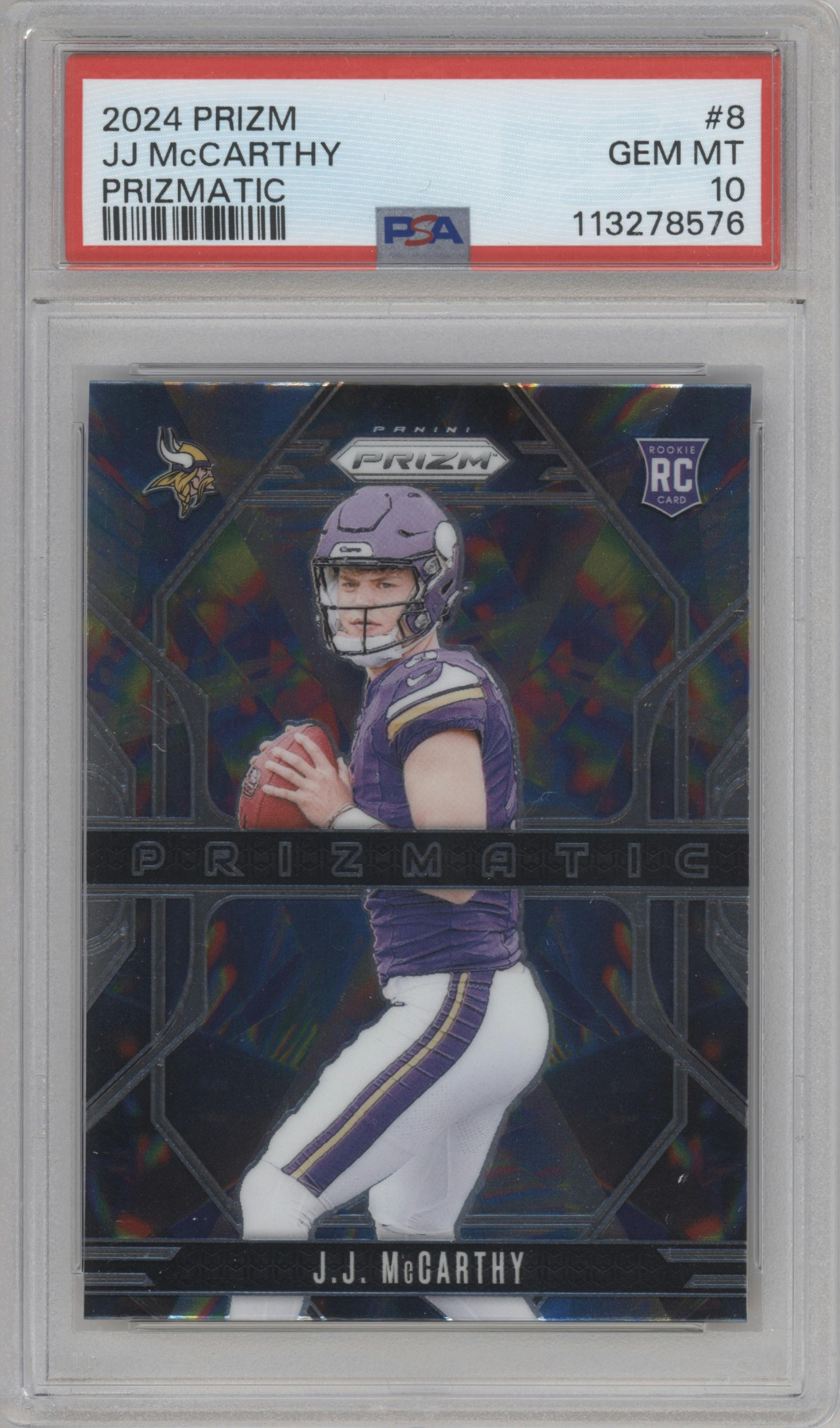 J.J. McCarthy from the 2024 Panini Prizm set graded by PSA and given an overall grade of 10.