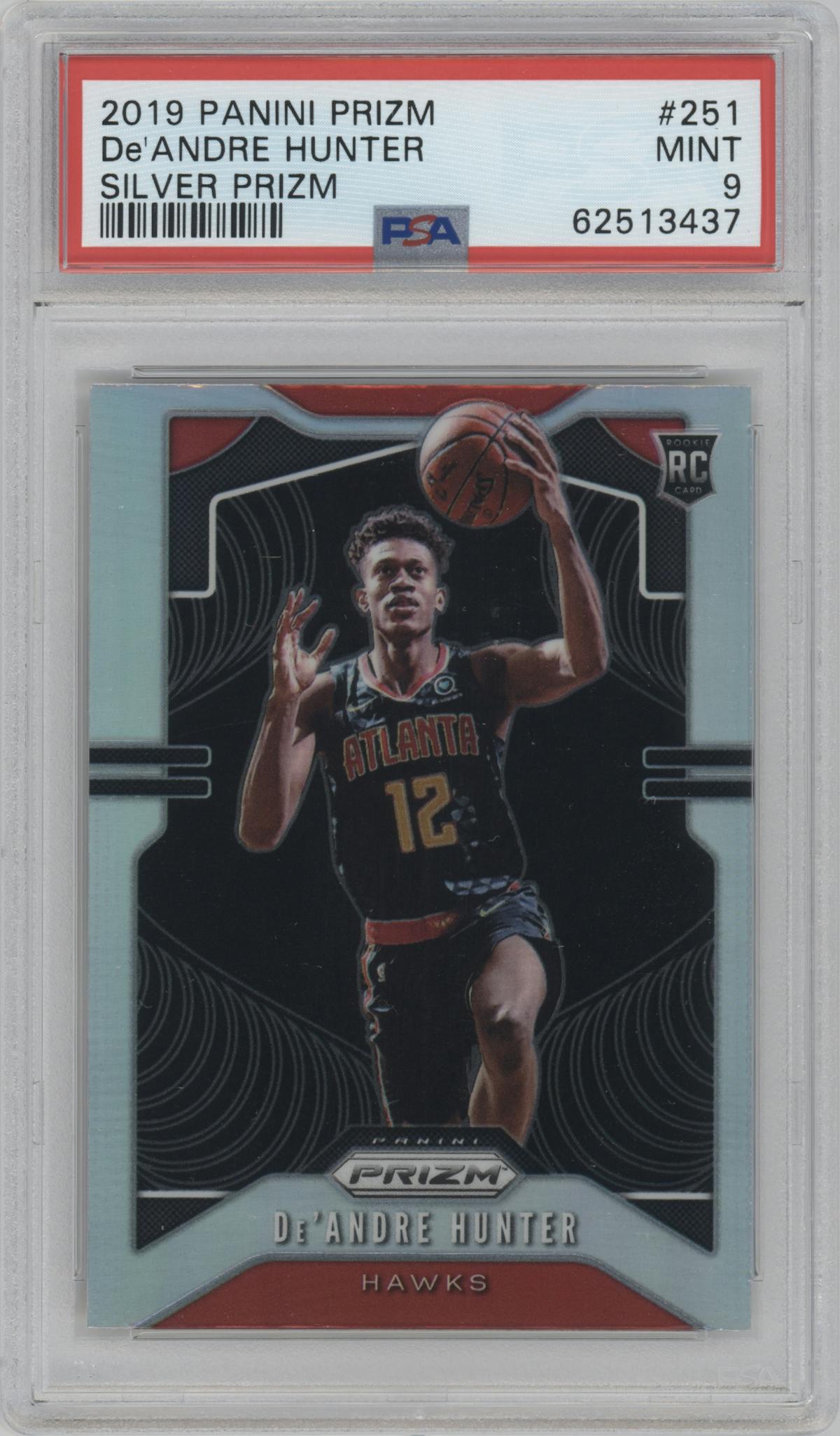 De'Andre Hunter from the 2019-20 Panini Prizm set featuring a Silver Prizm parallel graded by PSA and given an overall grade of 9.