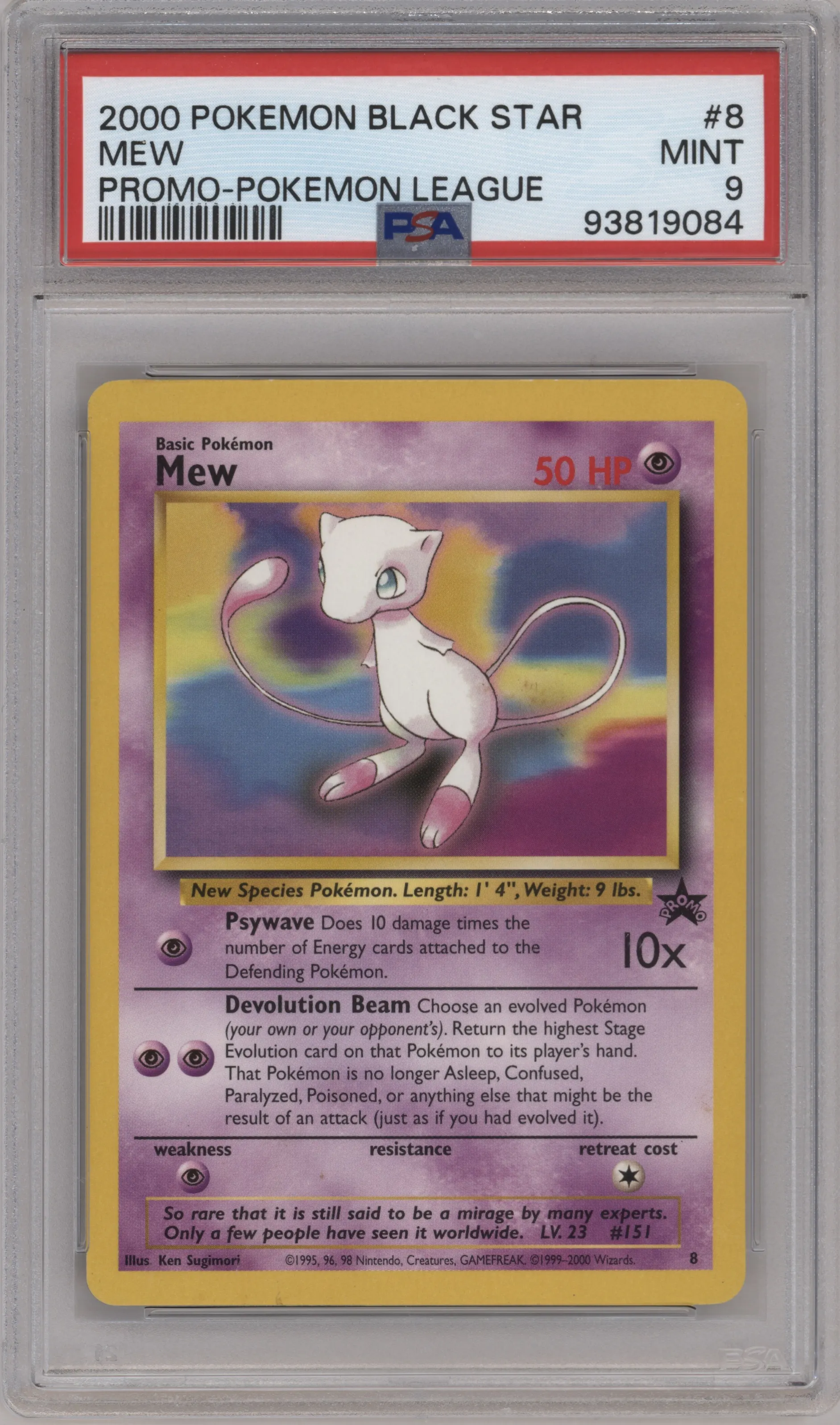 Mew from the 2000 Pokemon set featuring a Pokemon League parallel graded by PSA and given an overall grade of 9.