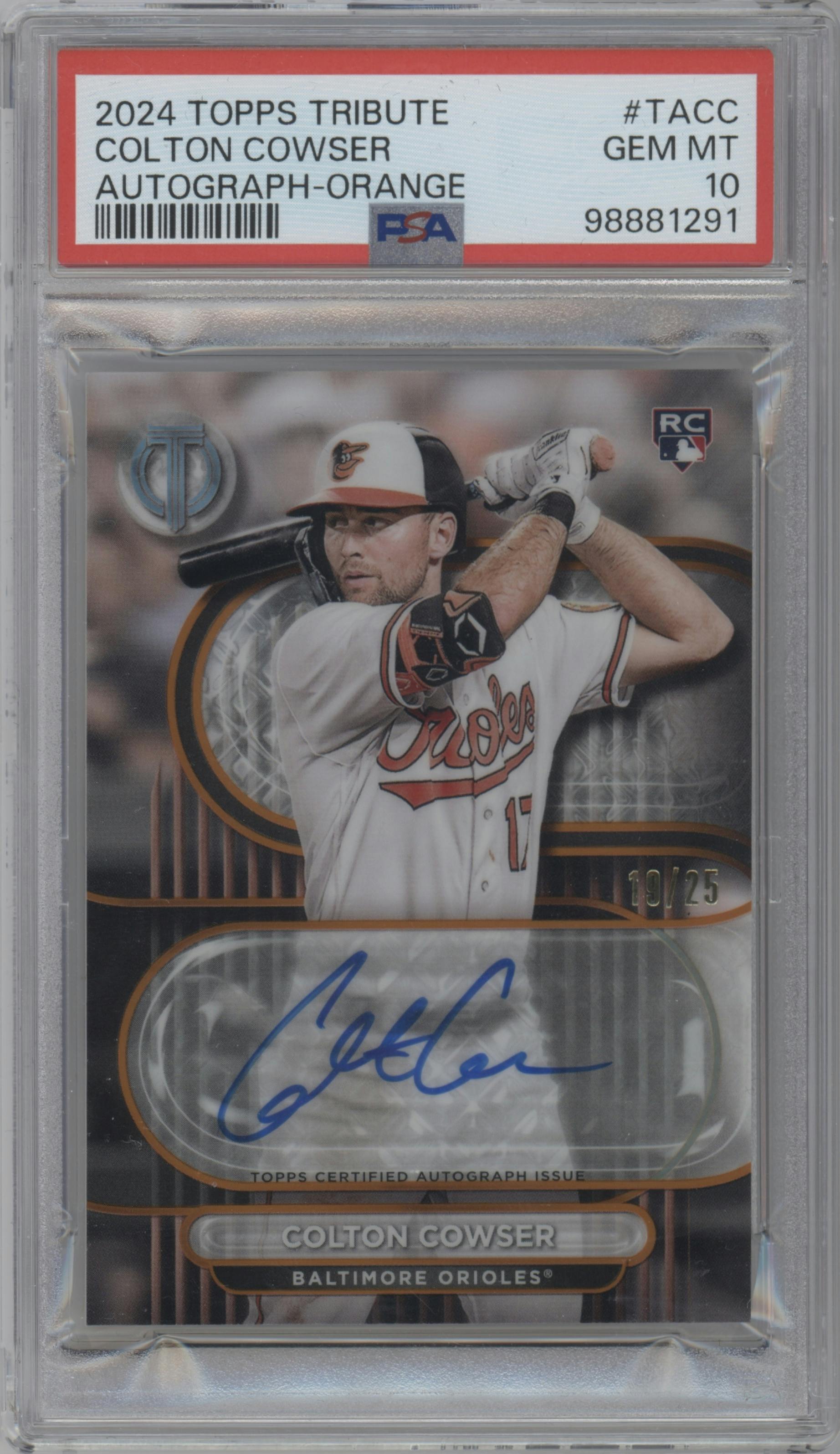 Colton Cowser from the 2024 Topps Tribute set featuring a Orange  parallel graded by PSA and given an overall grade of 10.