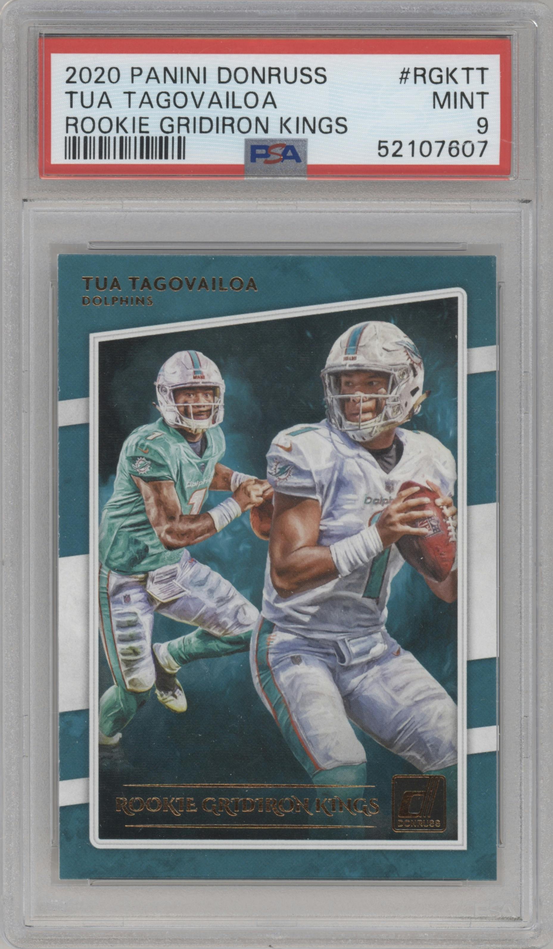 Tua Tagovailoa from the 2020 Panini Donruss set graded by PSA and given an overall grade of 9.