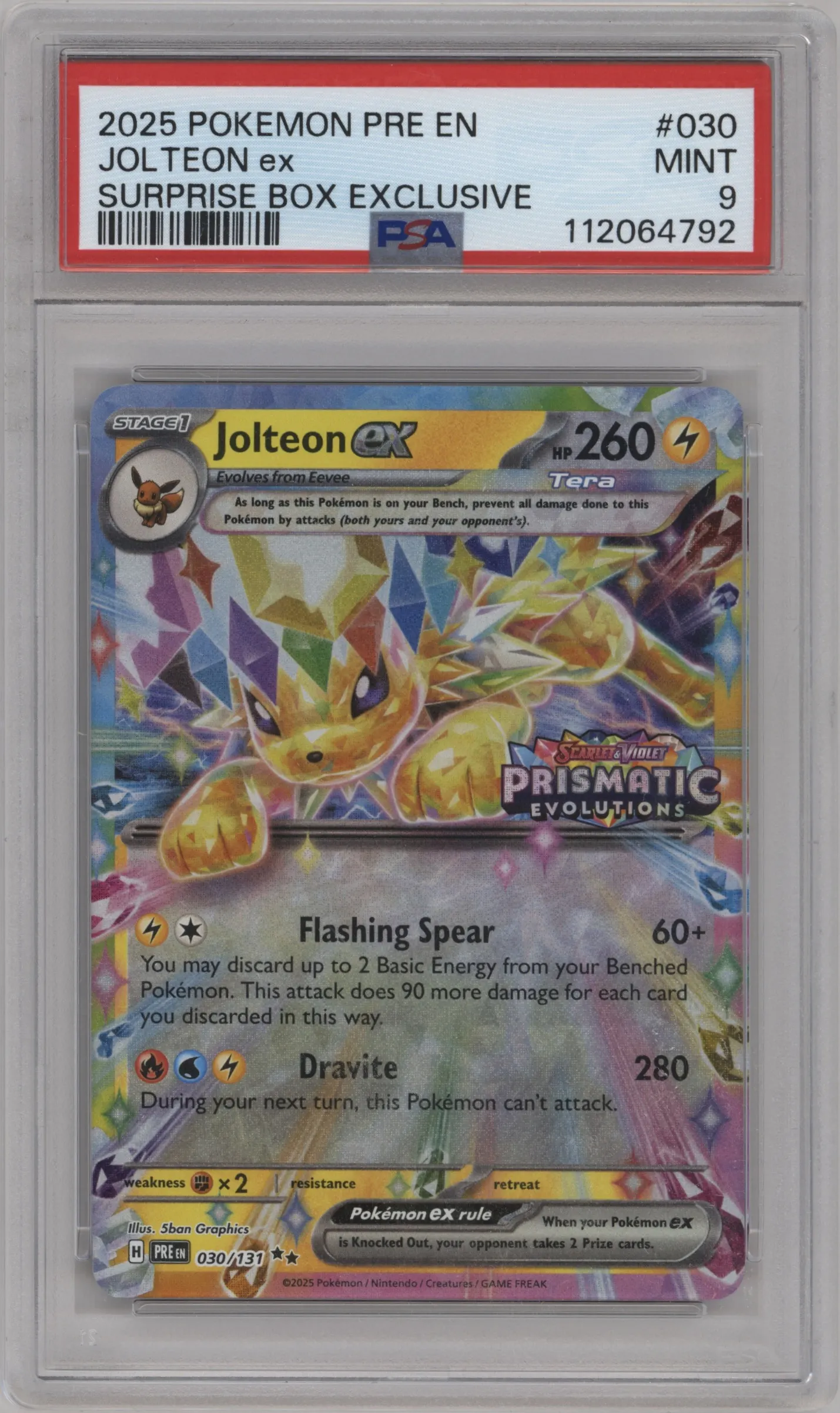 2025 Pokemon SV Prismatic Evolutions Jolteon ex Prismatic Evolutions Surprise Box #030 PSA 9
