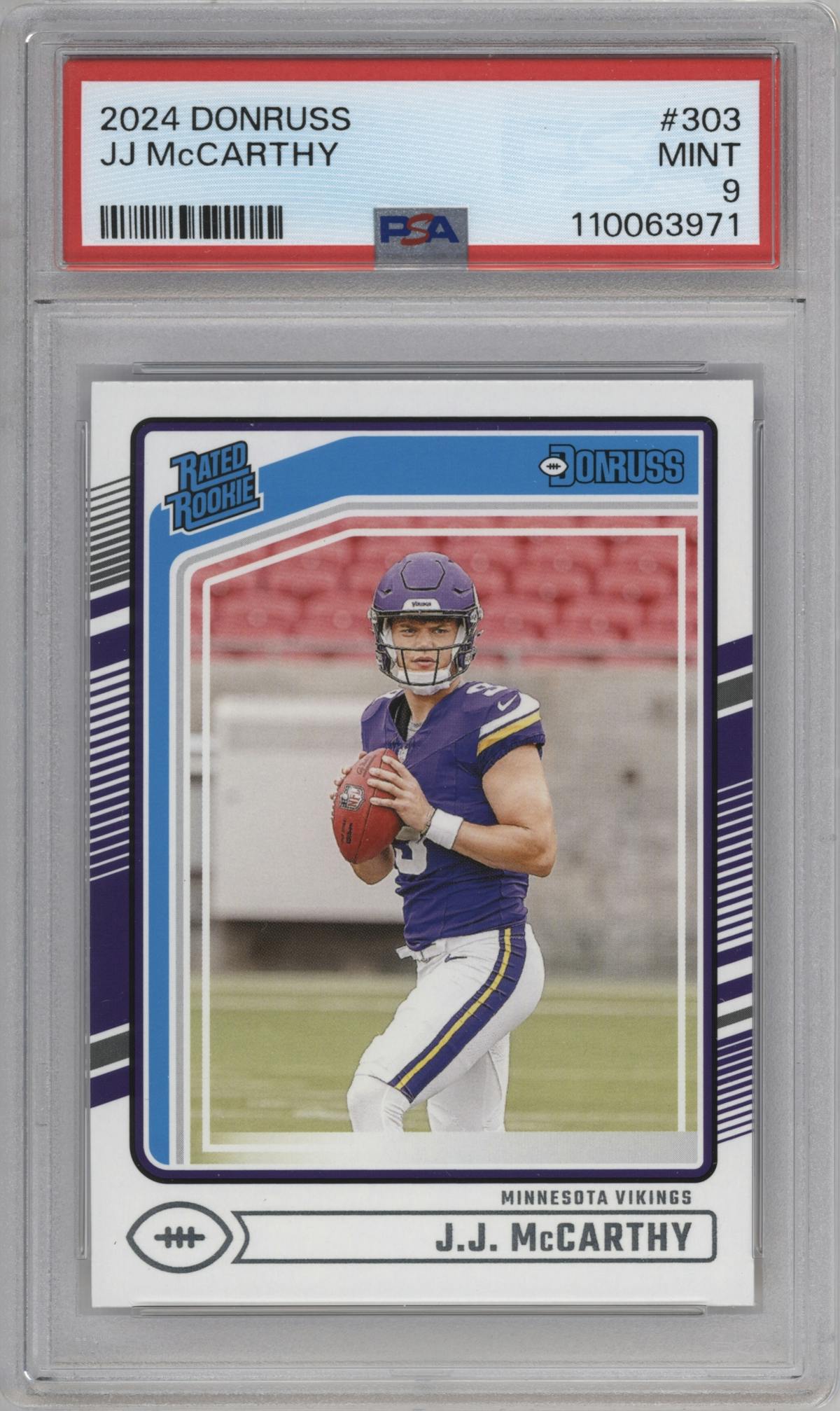 J.J. McCarthy from the 2024 Donruss set graded by PSA and given an overall grade of 9.
