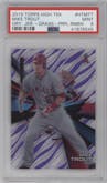 Mike Trout from the 2015 Topps High Tek set featuring a Grass Purple Rainbow parallel graded by PSA and given an overall grade of 9.