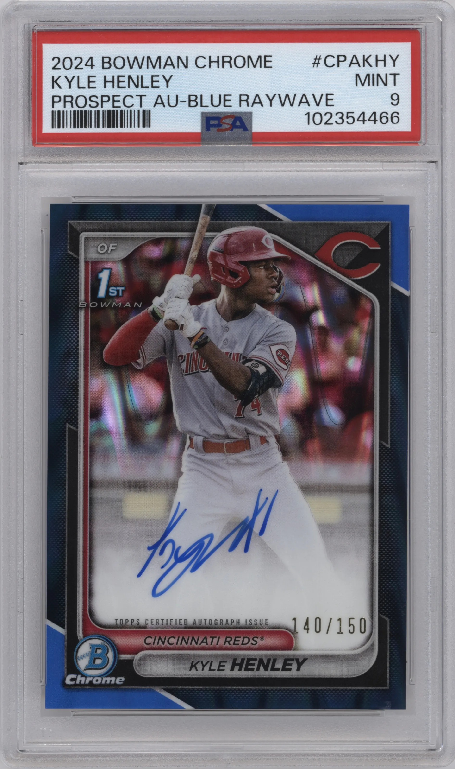 Kyle Henley from the 2024 Bowman Chrome set featuring a Blue Raywave Refractor parallel graded by PSA and given an overall grade of 9.