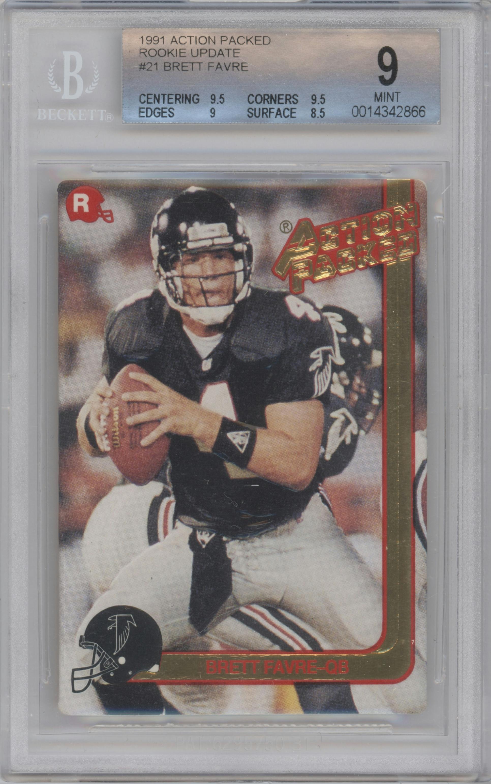 Brett Favre from the 1991 Action Packed set graded by Beckett and given an overall grade of 9.