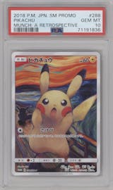 Pikachu from the 2018 Pokemon S&M JPN  set featuring a Munch: A Retrospective  parallel graded by PSA and given an overall grade of 10.
