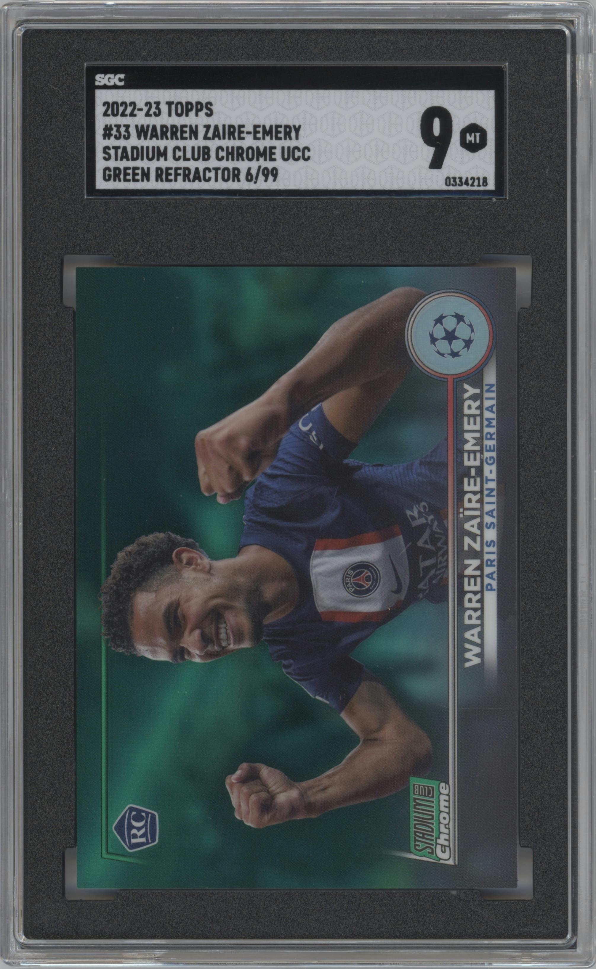 Warren Zaire-Emery from the 2022-23 Topps Stadium Club Chrome UEFA Club set featuring a Green Refractor parallel graded by SGC and given an overall grade of 9.