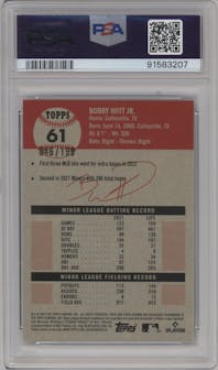 Bobby Witt Jr.  from the 2022 Topps Chrome Platinum Anniversary set featuring a Platinum Toile White/Blue parallel graded by PSA and given an overall grade of 9.