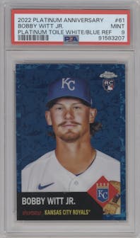 Bobby Witt Jr.  from the 2022 Topps Chrome Platinum Anniversary set featuring a Platinum Toile White/Blue parallel graded by PSA and given an overall grade of 9.