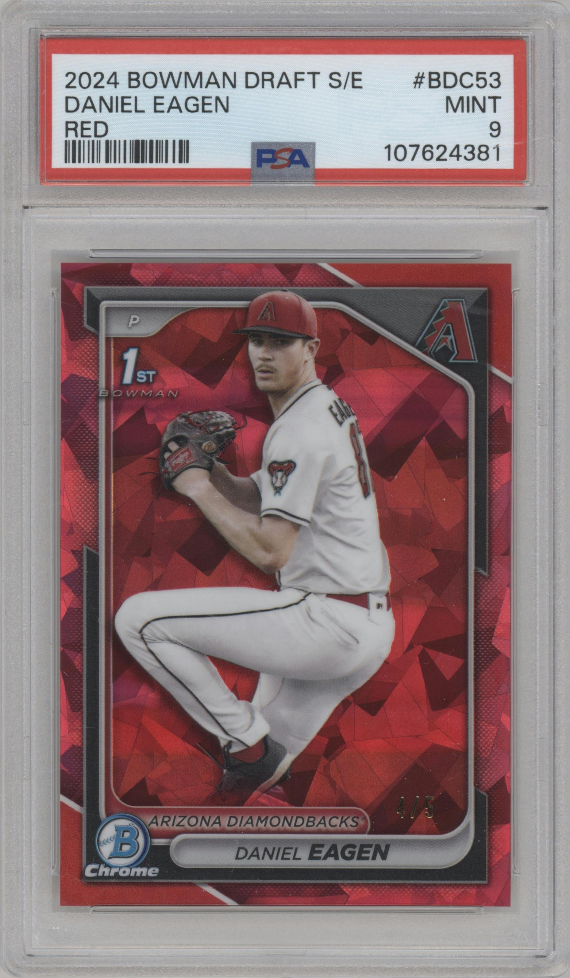 Daniel Eagen from the 2024 Bowman Draft Sapphire Edition set featuring a Red parallel graded by PSA and given an overall grade of 9.