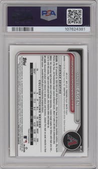 Daniel Eagen from the 2024 Bowman Draft Sapphire Edition set featuring a Red parallel graded by PSA and given an overall grade of 9.