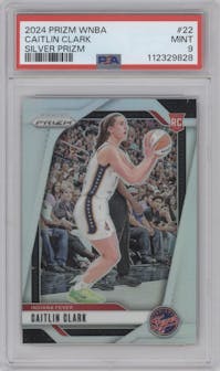 Caitlin Clark from the 2024 Panini Prizm WNBA set featuring a Silver Prizm parallel graded by PSA and given an overall grade of 9.
