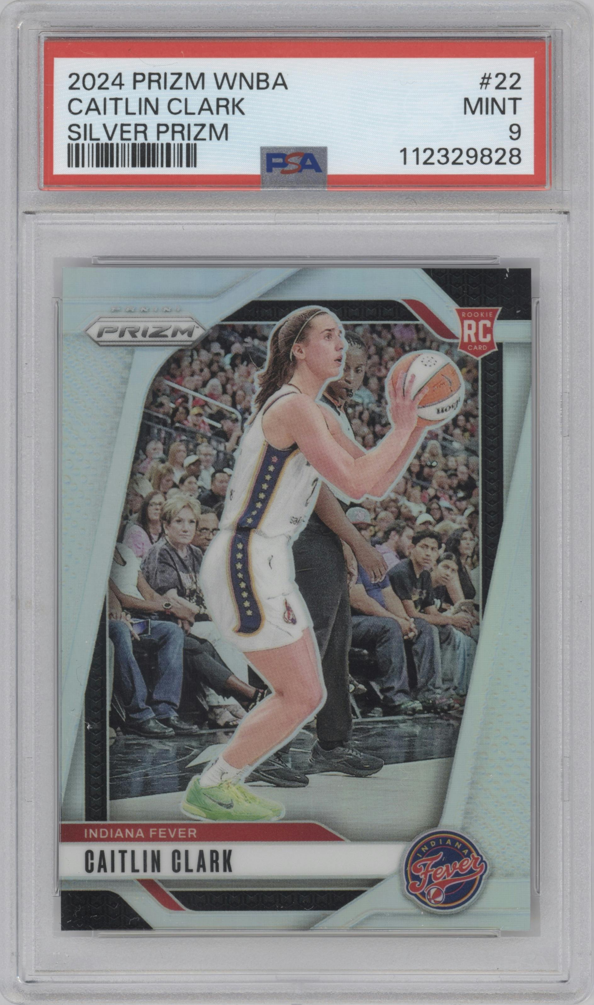 Caitlin Clark from the 2024 Panini Prizm WNBA set featuring a Silver Prizm parallel graded by PSA and given an overall grade of 9.