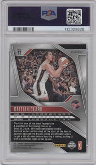 Caitlin Clark from the 2024 Panini Prizm WNBA set featuring a Silver Prizm parallel graded by PSA and given an overall grade of 9.