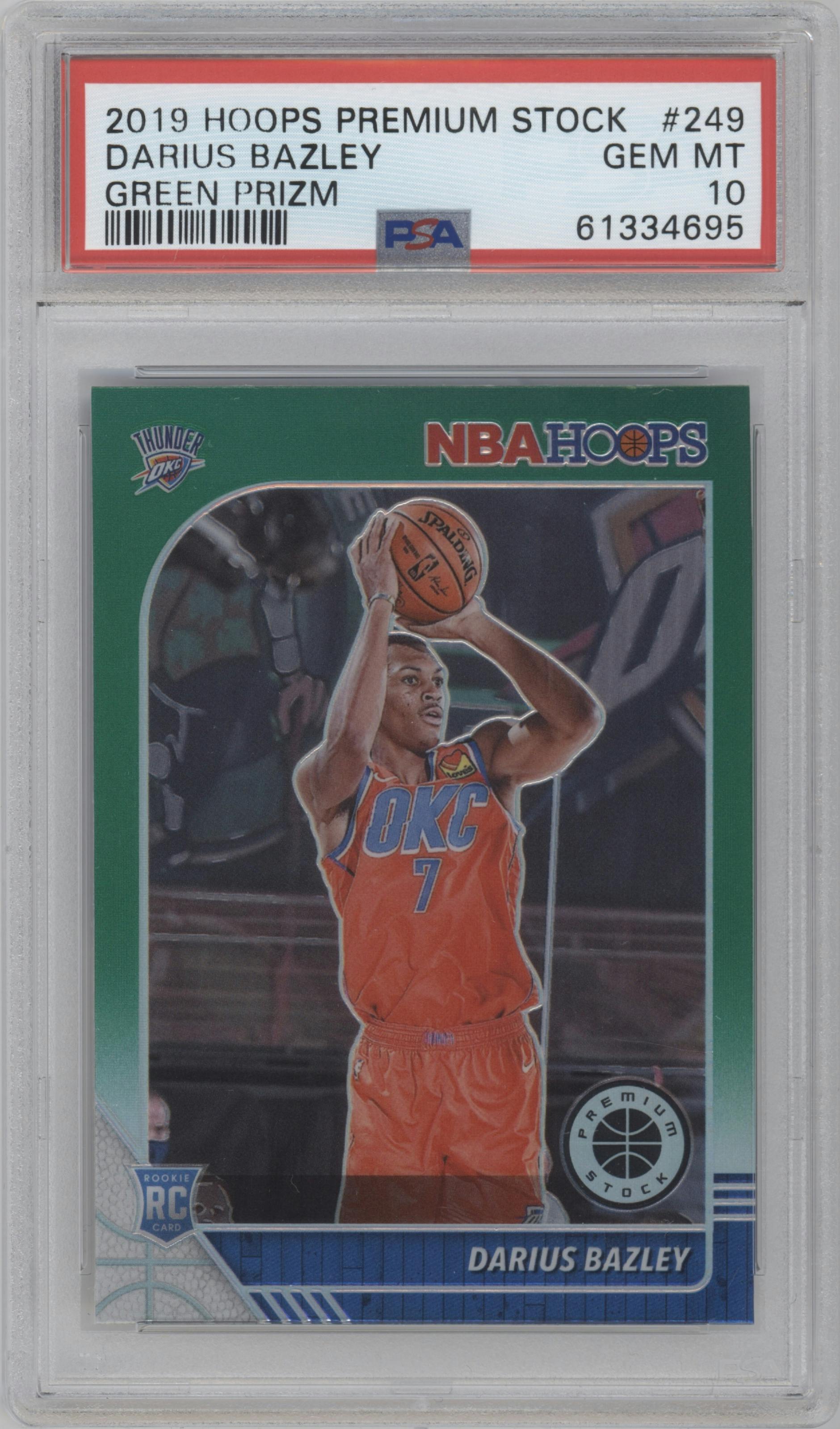 Darius Bazley from the 2019-20 Panini Hoops Premium Stock set featuring a Green  parallel graded by PSA and given an overall grade of 10.