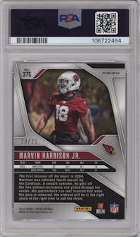 Marvin Harrison Jr. from the 2024 Panini Prizm set featuring a Navy Camo parallel graded by PSA and given an overall grade of 9.