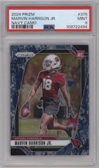 Marvin Harrison Jr. from the 2024 Panini Prizm set featuring a Navy Camo parallel graded by PSA and given an overall grade of 9.
