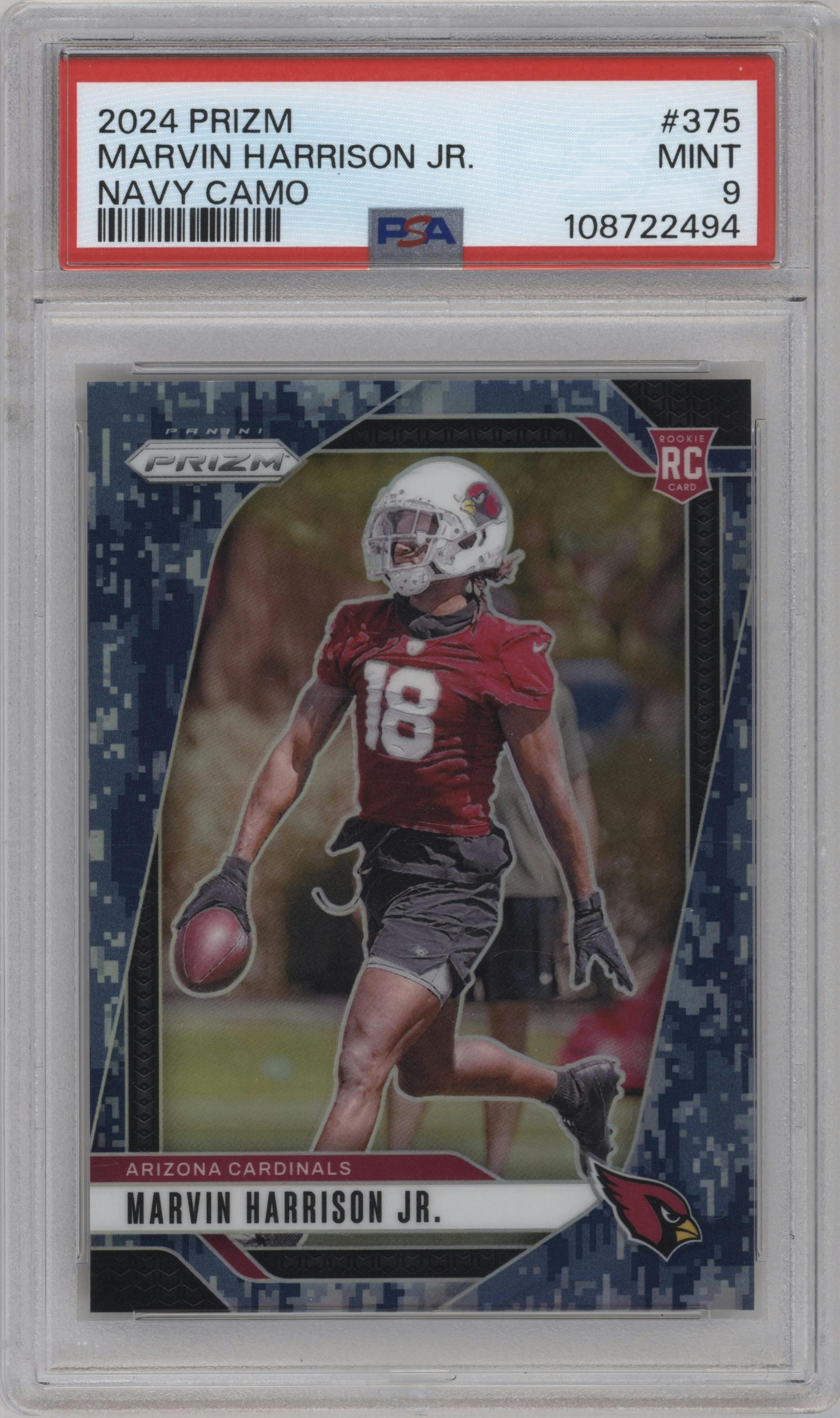 Marvin Harrison Jr. from the 2024 Panini Prizm set featuring a Navy Camo parallel graded by PSA and given an overall grade of 9.