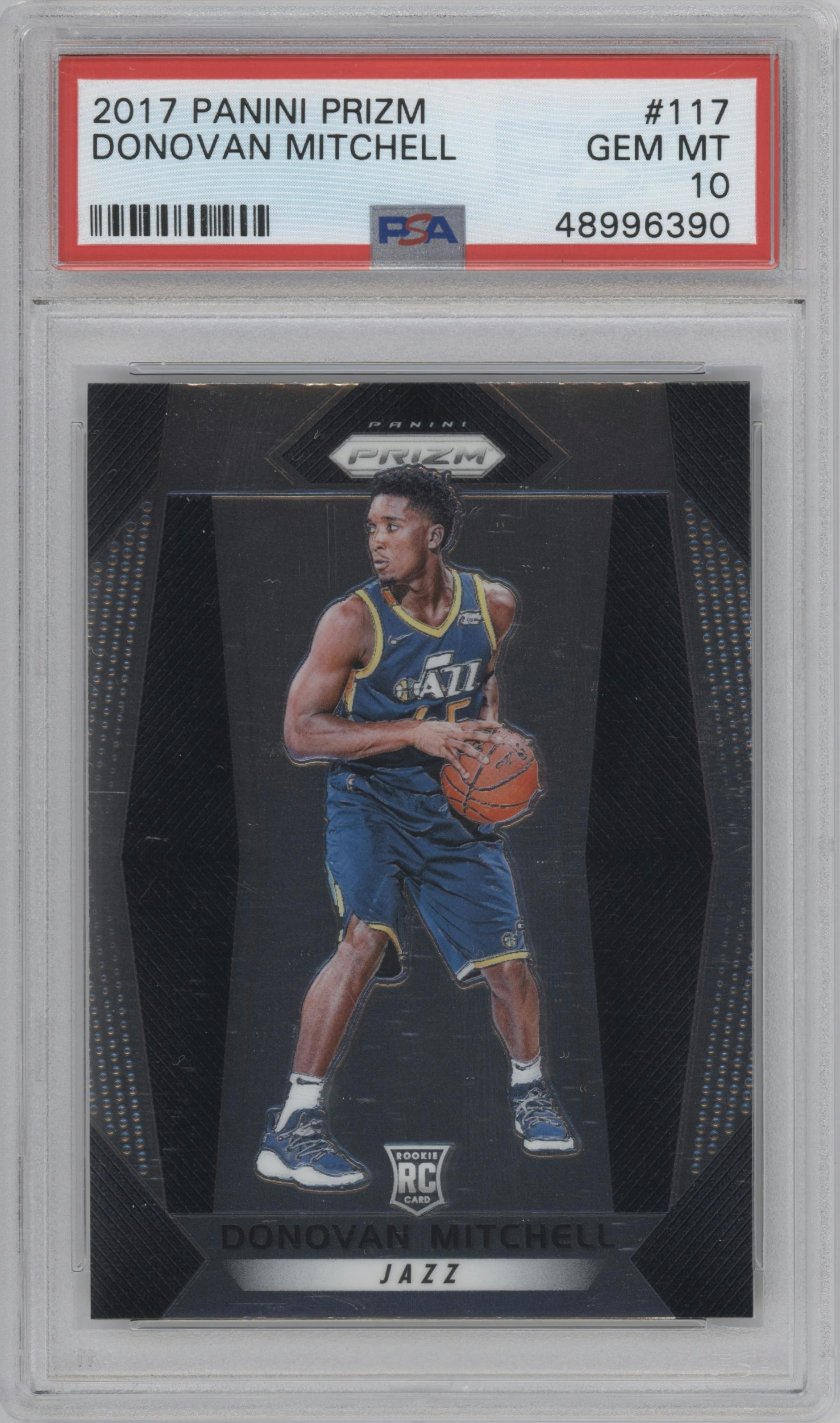 Donovan Mitchell from the 2017-18 Panini Prizm  set graded by PSA and given an overall grade of 10.