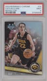 Caitlin Clark from the 2023-24 Bowman U Chrome set featuring a Refractor parallel graded by PSA and given an overall grade of 9.
