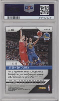 Stephen Curry from the 2018-19 Panini Prizm set featuring a Green Pulsar parallel graded by PSA and given an overall grade of 9.