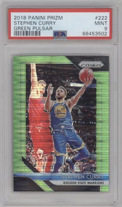 Stephen Curry from the 2018-19 Panini Prizm set featuring a Green Pulsar parallel graded by PSA and given an overall grade of 9.