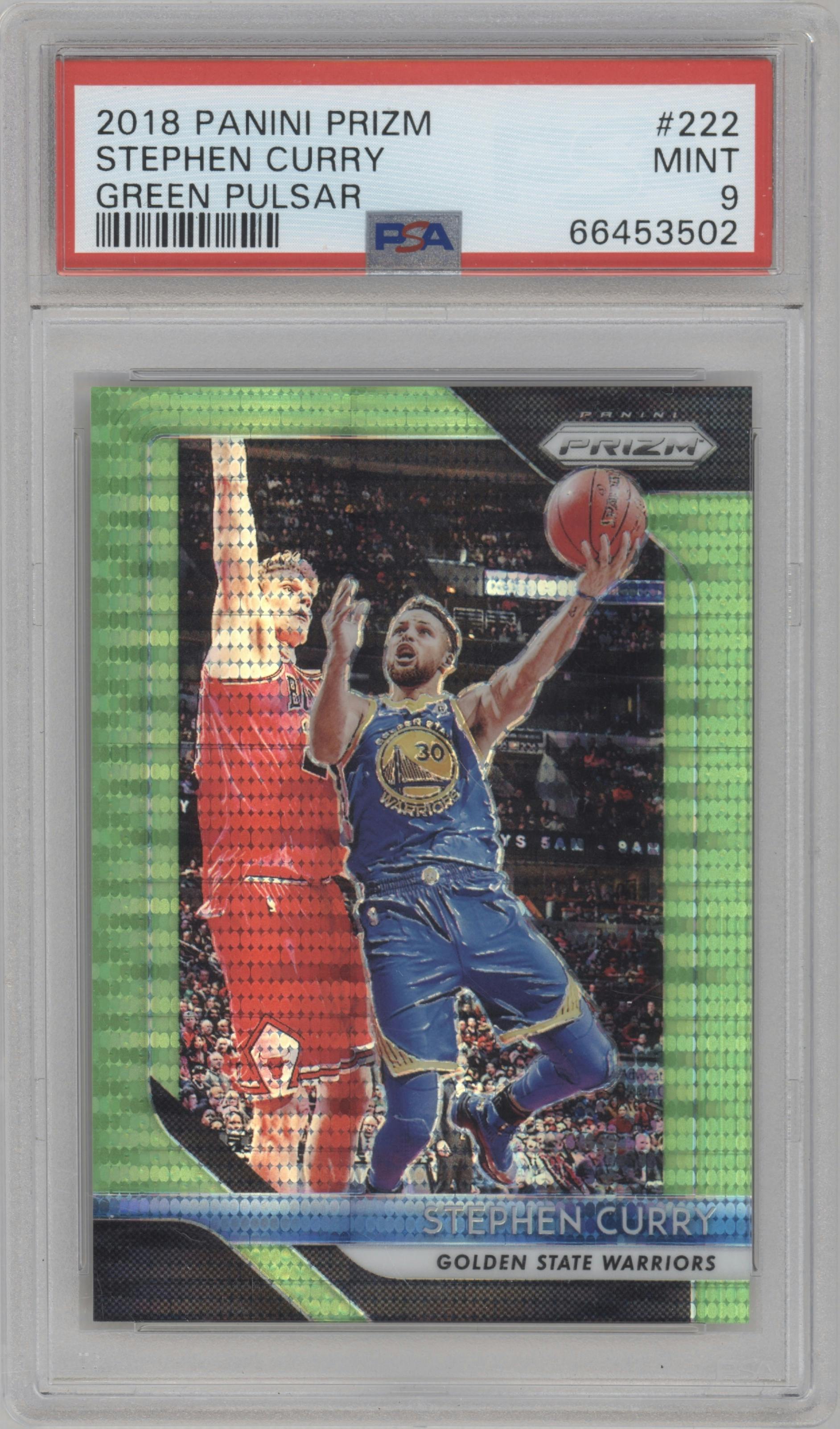 Stephen Curry from the 2018-19 Panini Prizm set featuring a Green Pulsar parallel graded by PSA and given an overall grade of 9.