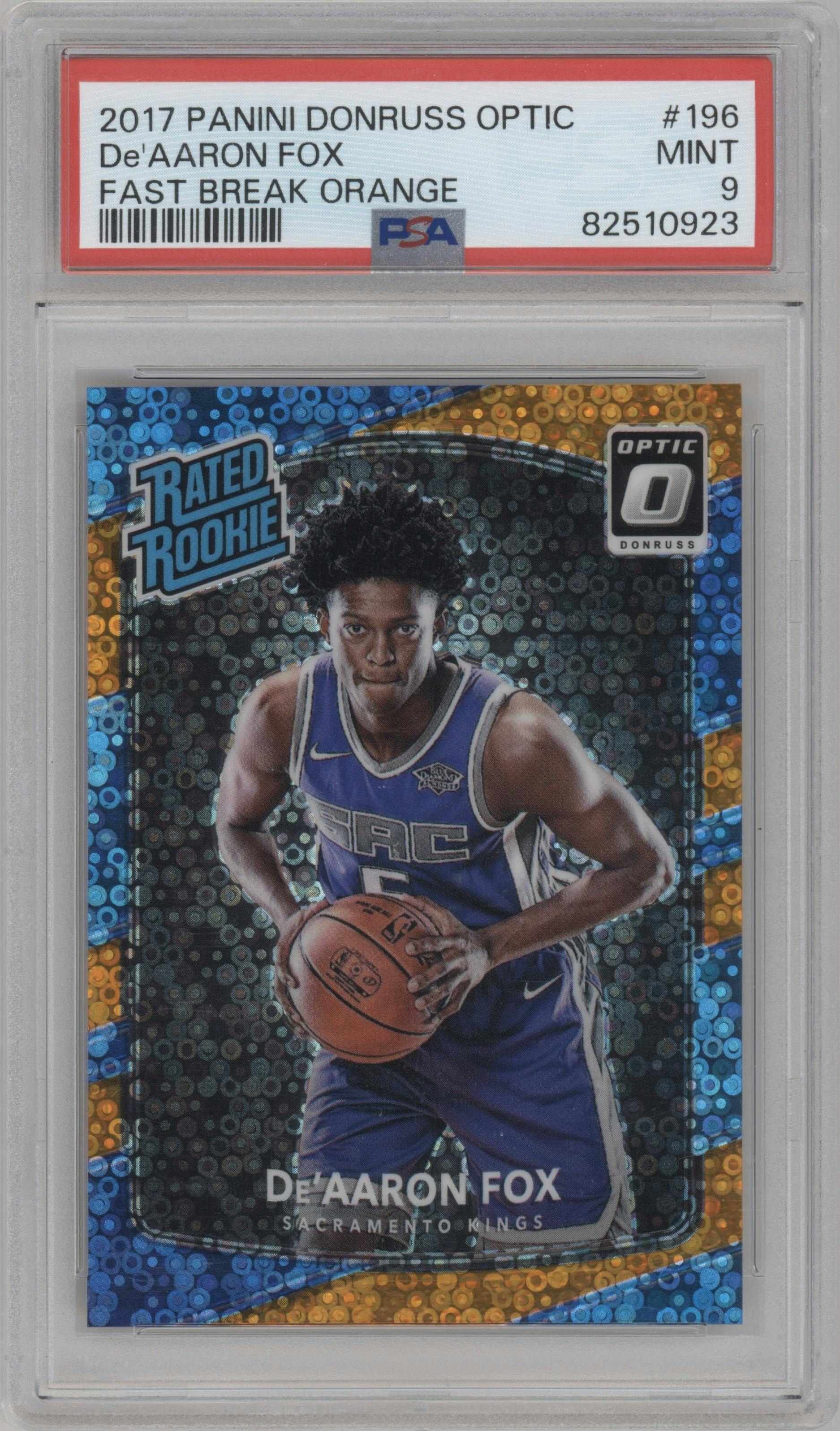 De'Aaron Fox from the 2017-18 Panini Donruss Optic set featuring a Fast Break Orange parallel graded by PSA and given an overall grade of 9.