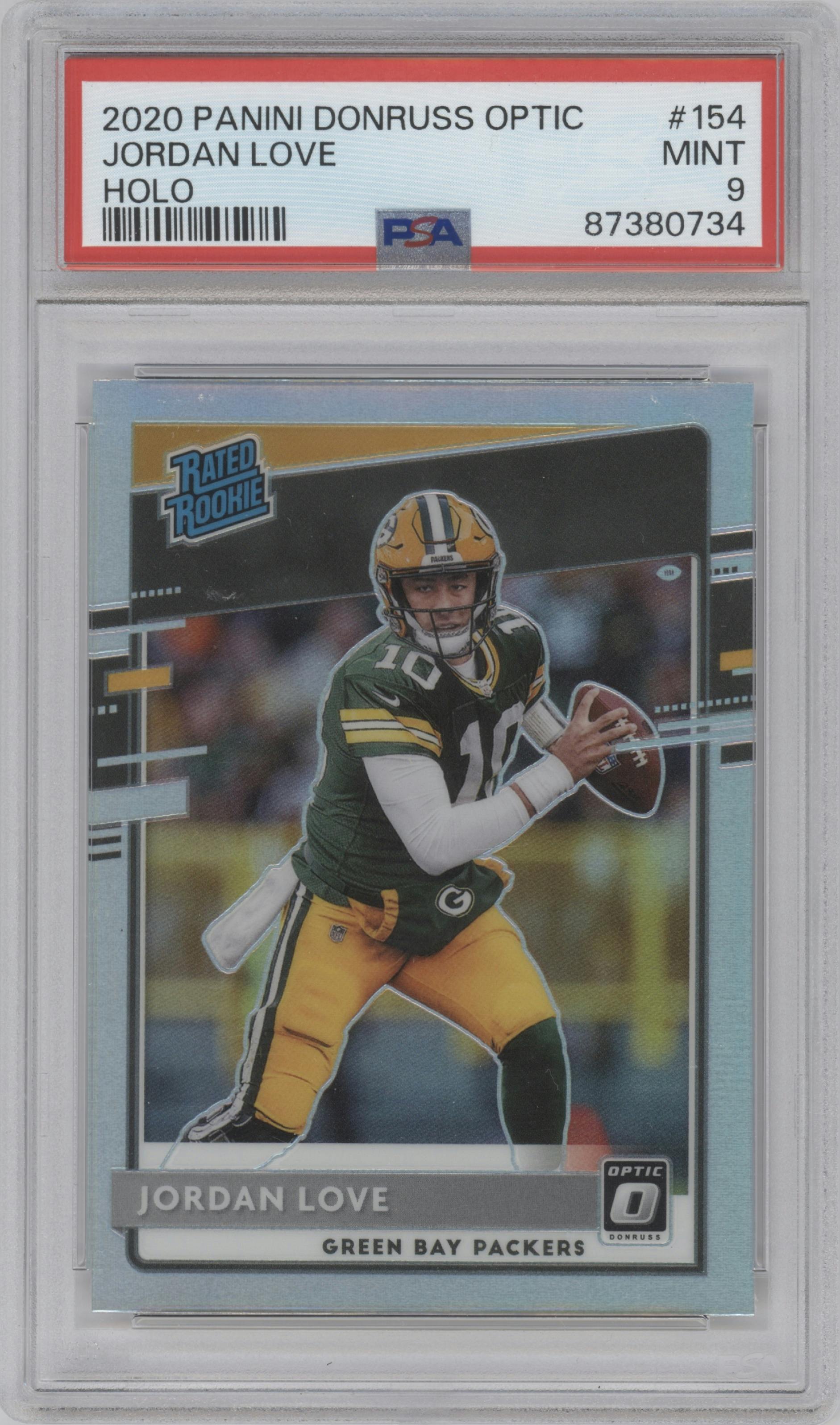 Jordan Love from the 2020 Panini Donruss Optic set featuring a Holo parallel graded by PSA and given an overall grade of 9.