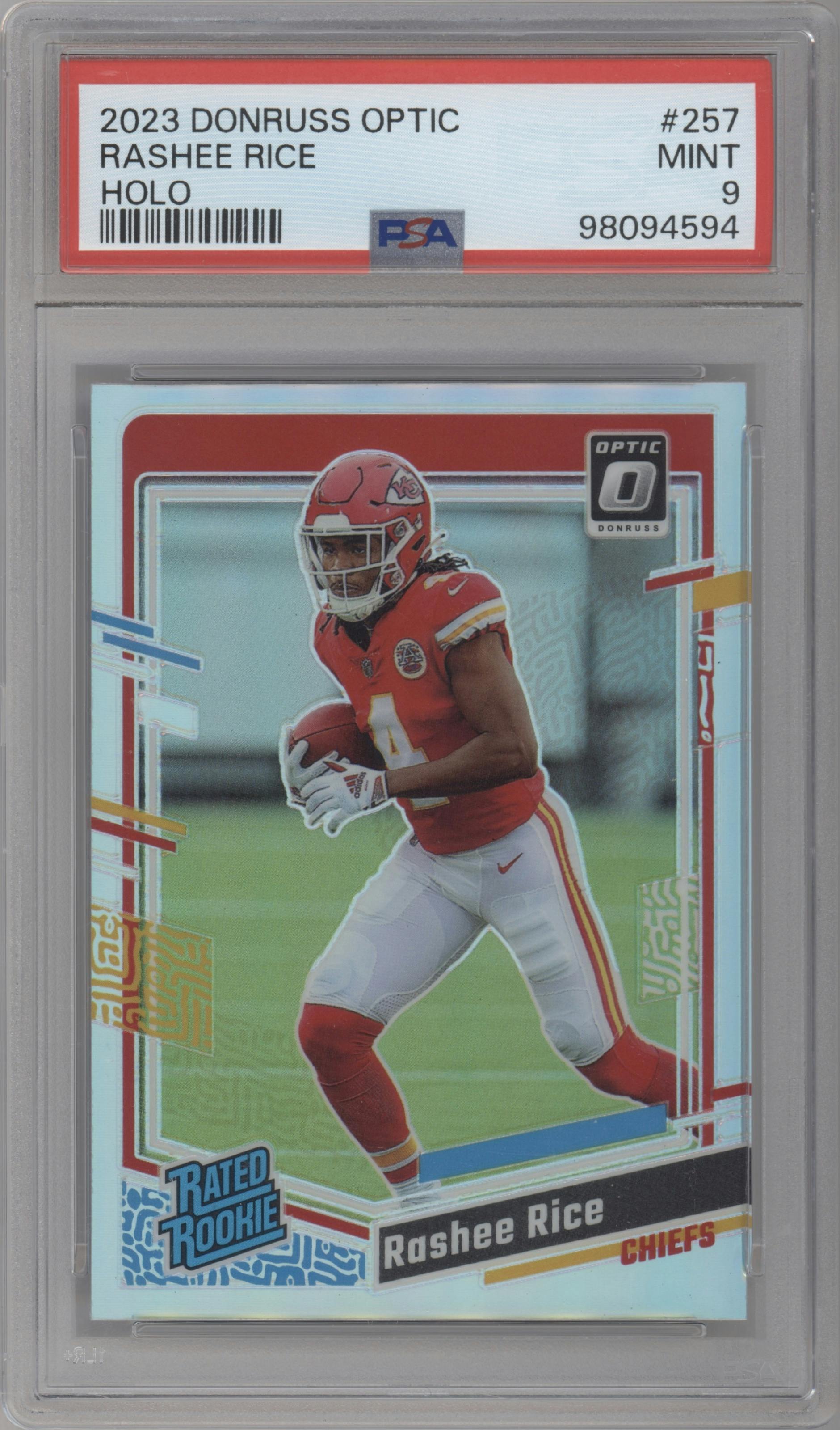 Rashee Rice from the 2023 Donruss Optic set featuring a Holo parallel graded by PSA and given an overall grade of 9.