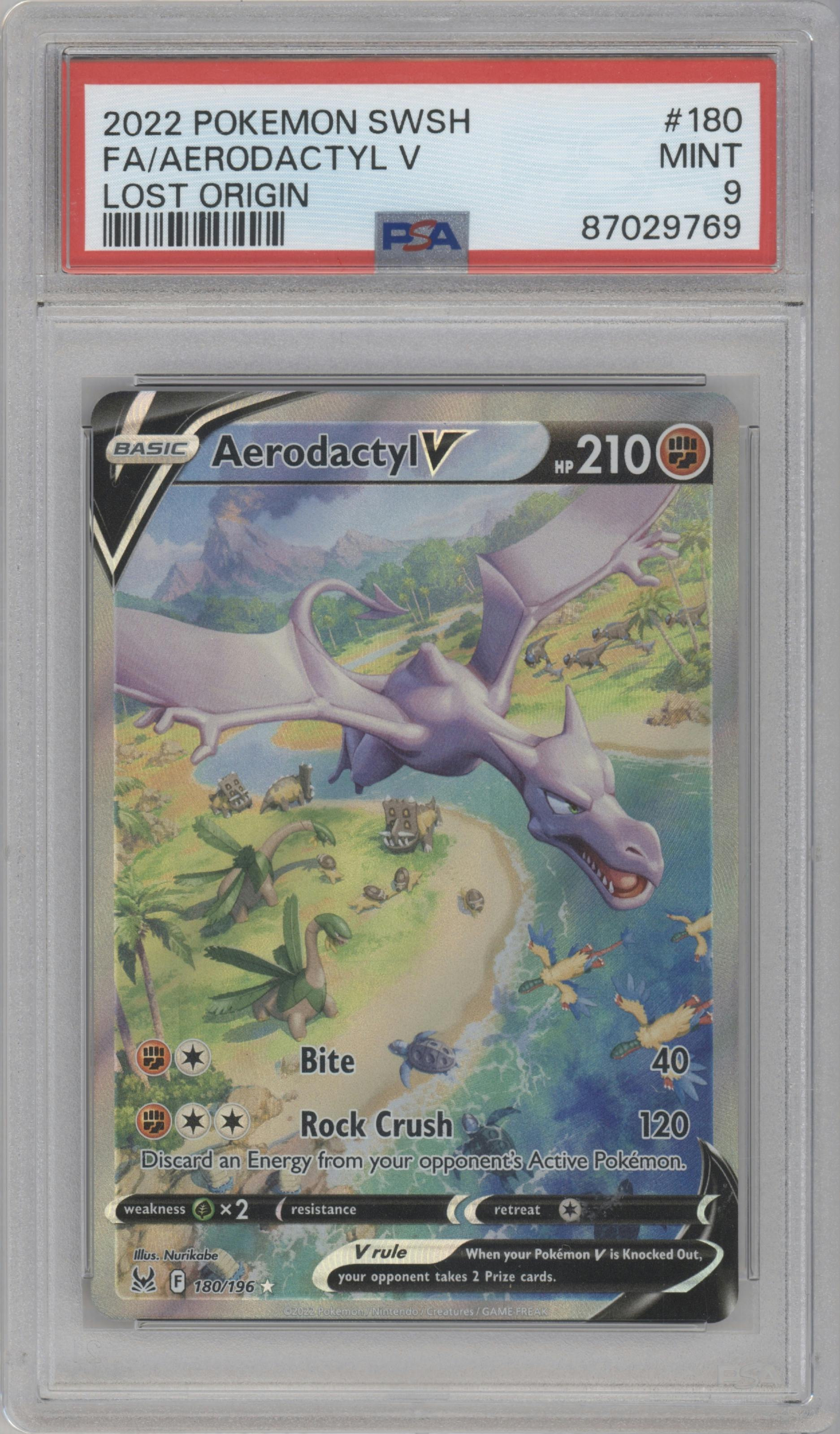 Aerodactyl V from the 2022 Pokemon SWSH set graded by PSA and given an overall grade of 9.