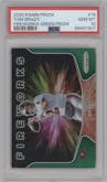 Tom Brady from the 2020 Panini Prizm set featuring a Green Prizm parallel graded by PSA and given an overall grade of 10.