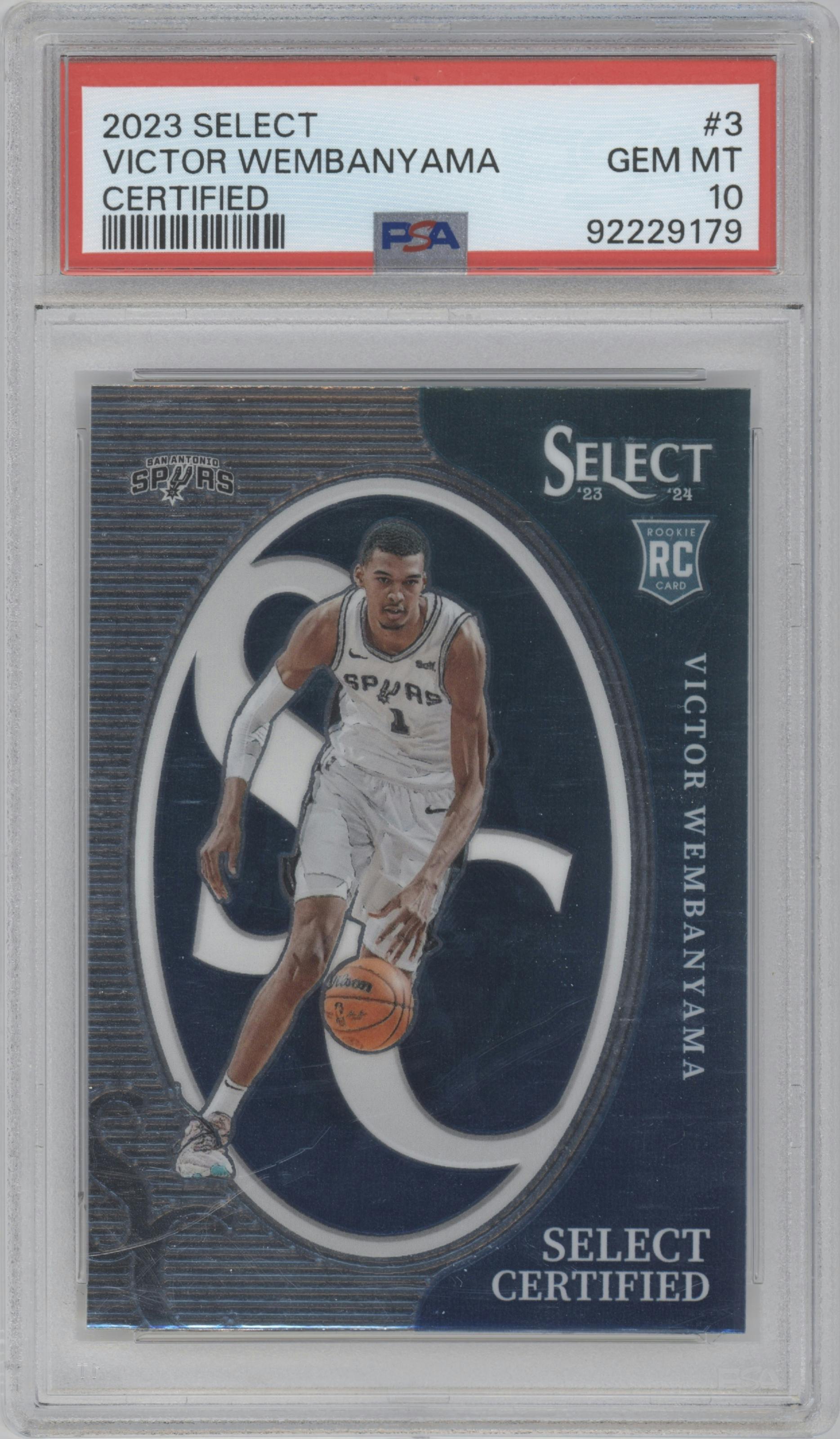 Victor Wembanyama from the 2023-24 Panini Select  set graded by PSA and given an overall grade of 10.