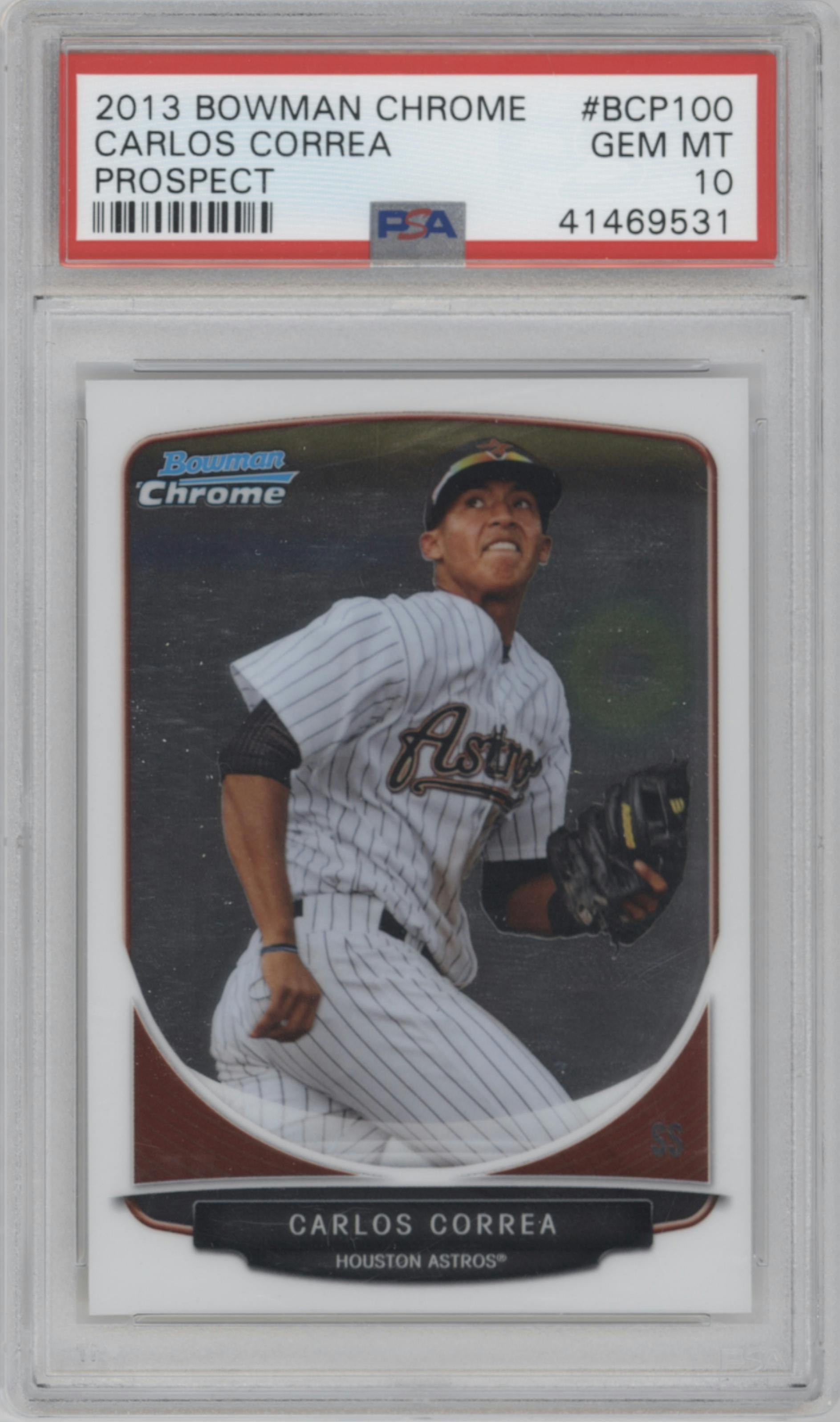 Carlos Correa from the 2013 Bowman set graded by PSA and given an overall grade of 10.