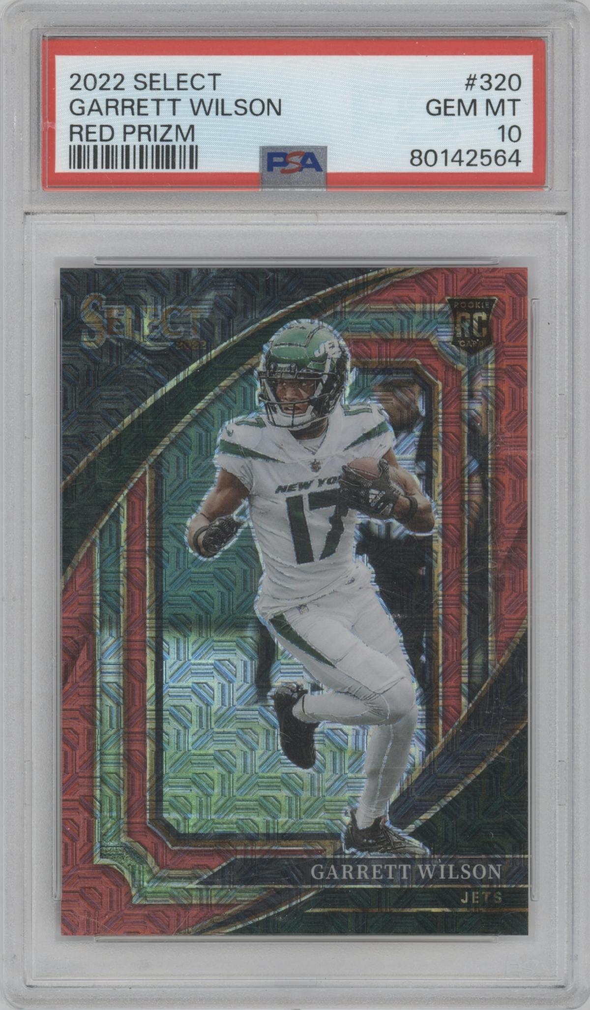 Garrett Wilson from the 2022 Panini Select set featuring a Red Prizm parallel graded by PSA and given an overall grade of 10.