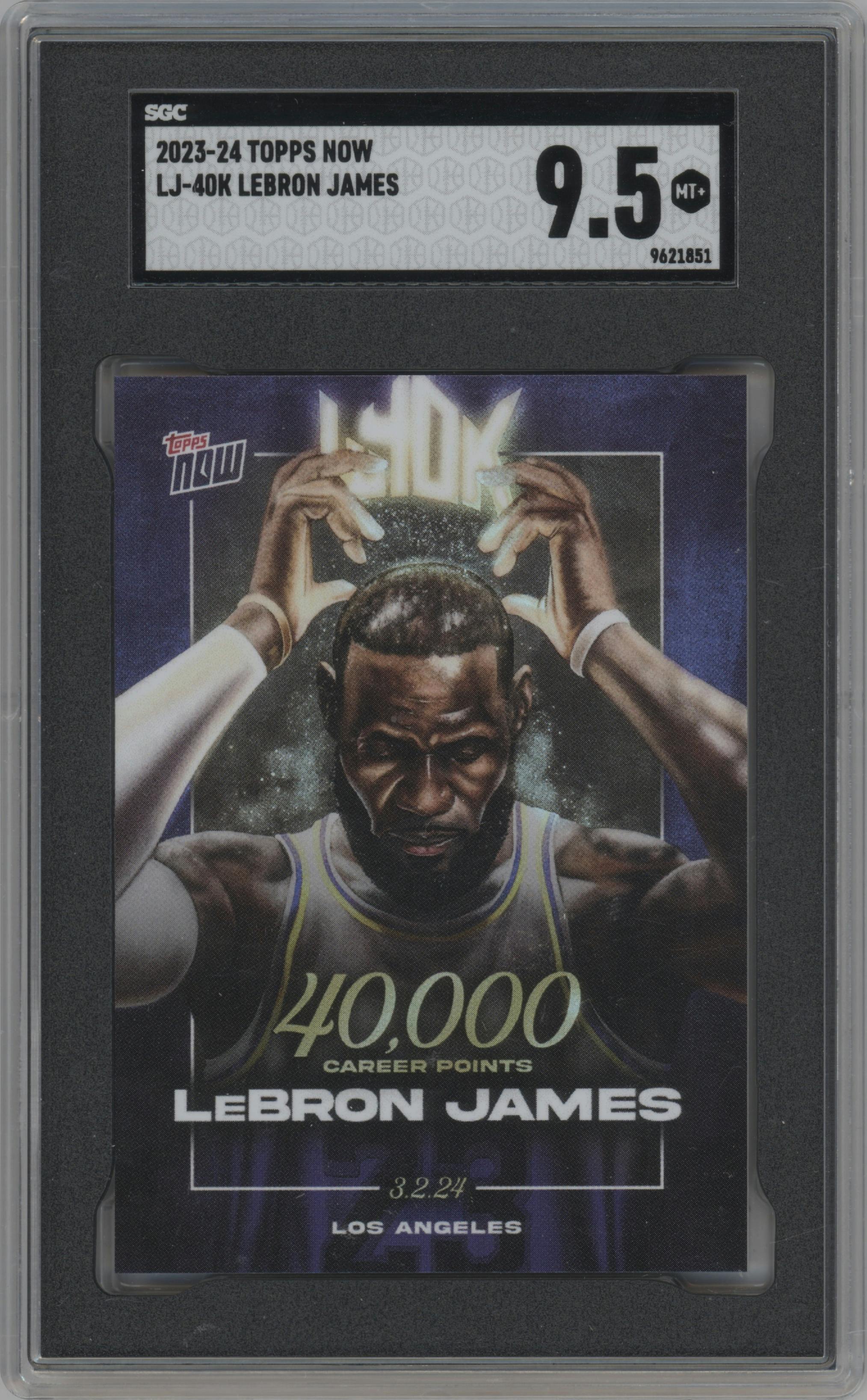 LeBron James from the 2023-24 Topps Now set graded by SGC and given an overall grade of 9.5.