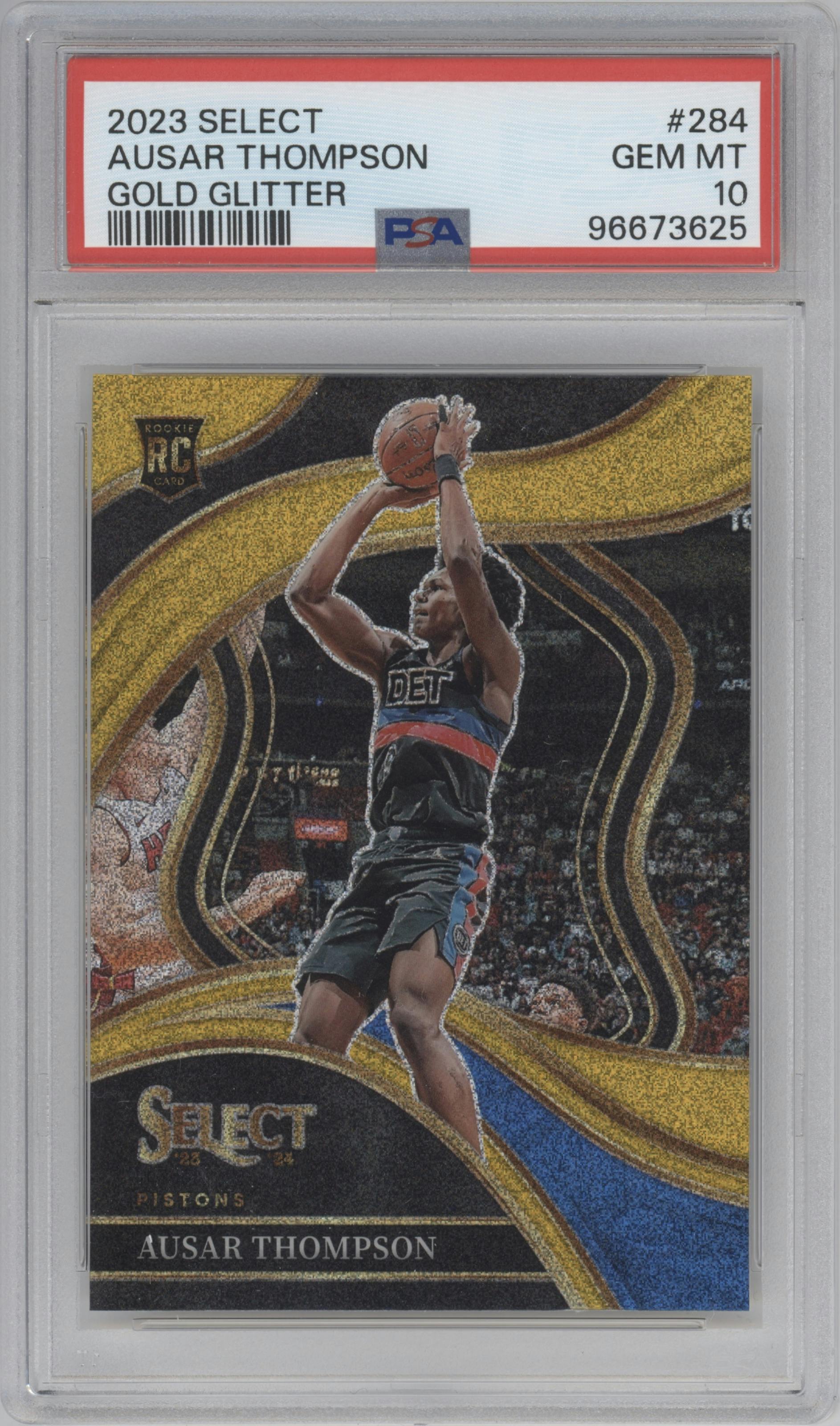 Ausar Thompson from the 2023-24 Panini Select  set featuring a Gold Glitter parallel graded by PSA and given an overall grade of 10.