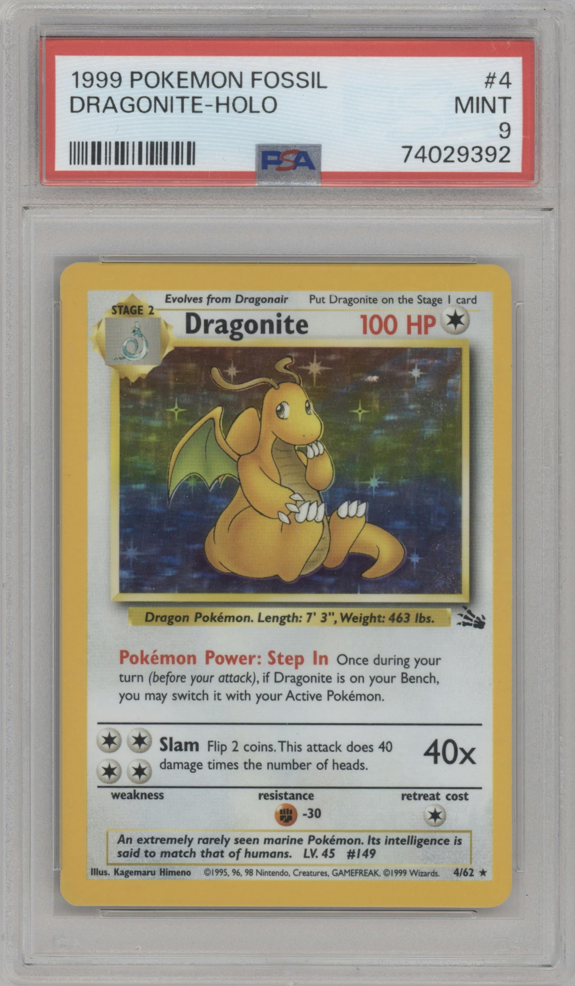 Dragonite from the 1999 Pokemon set graded by PSA and given an overall grade of 9.