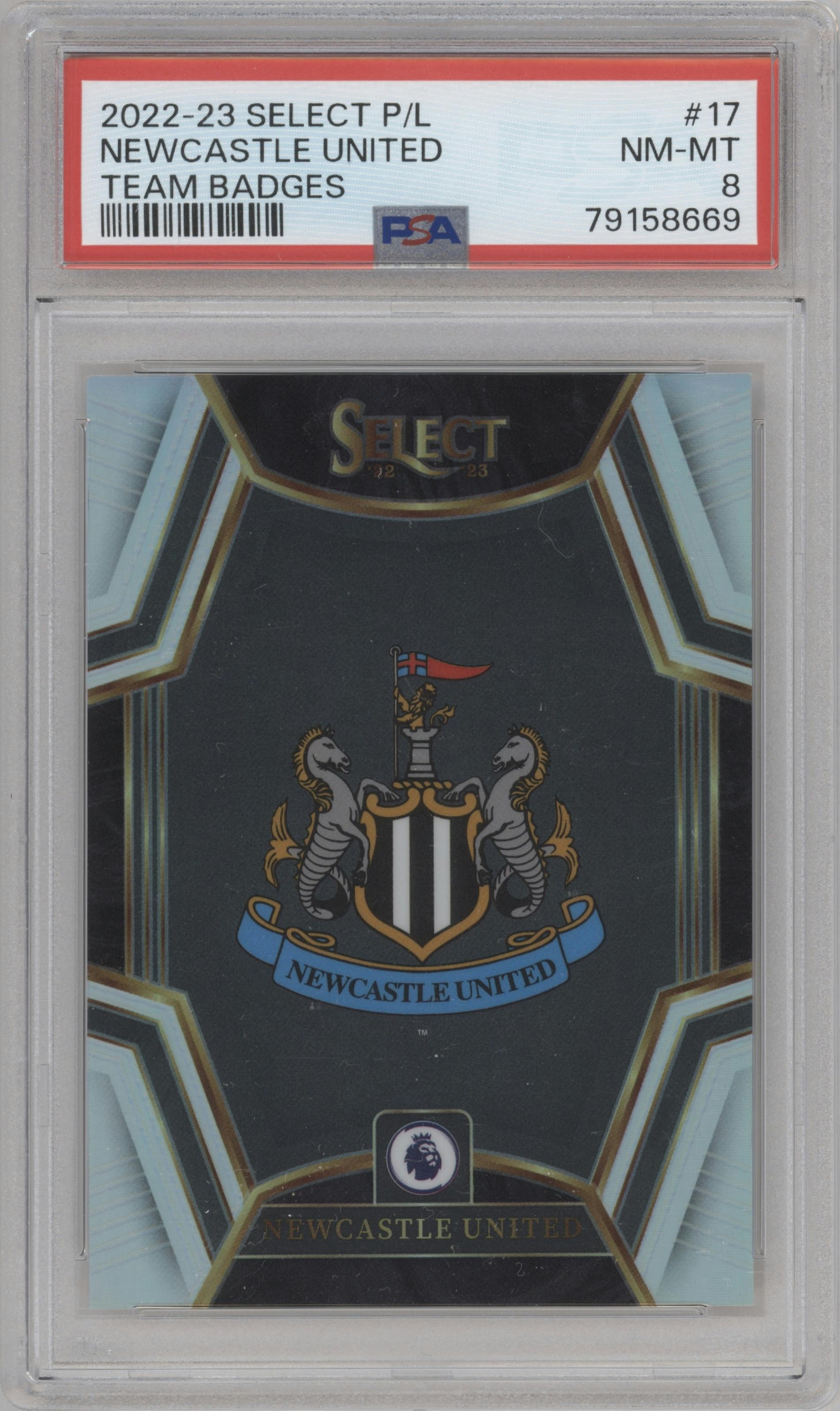 Newcastle United from the 2022-23 Panini Select Premier League set graded by PSA and given an overall grade of 8.