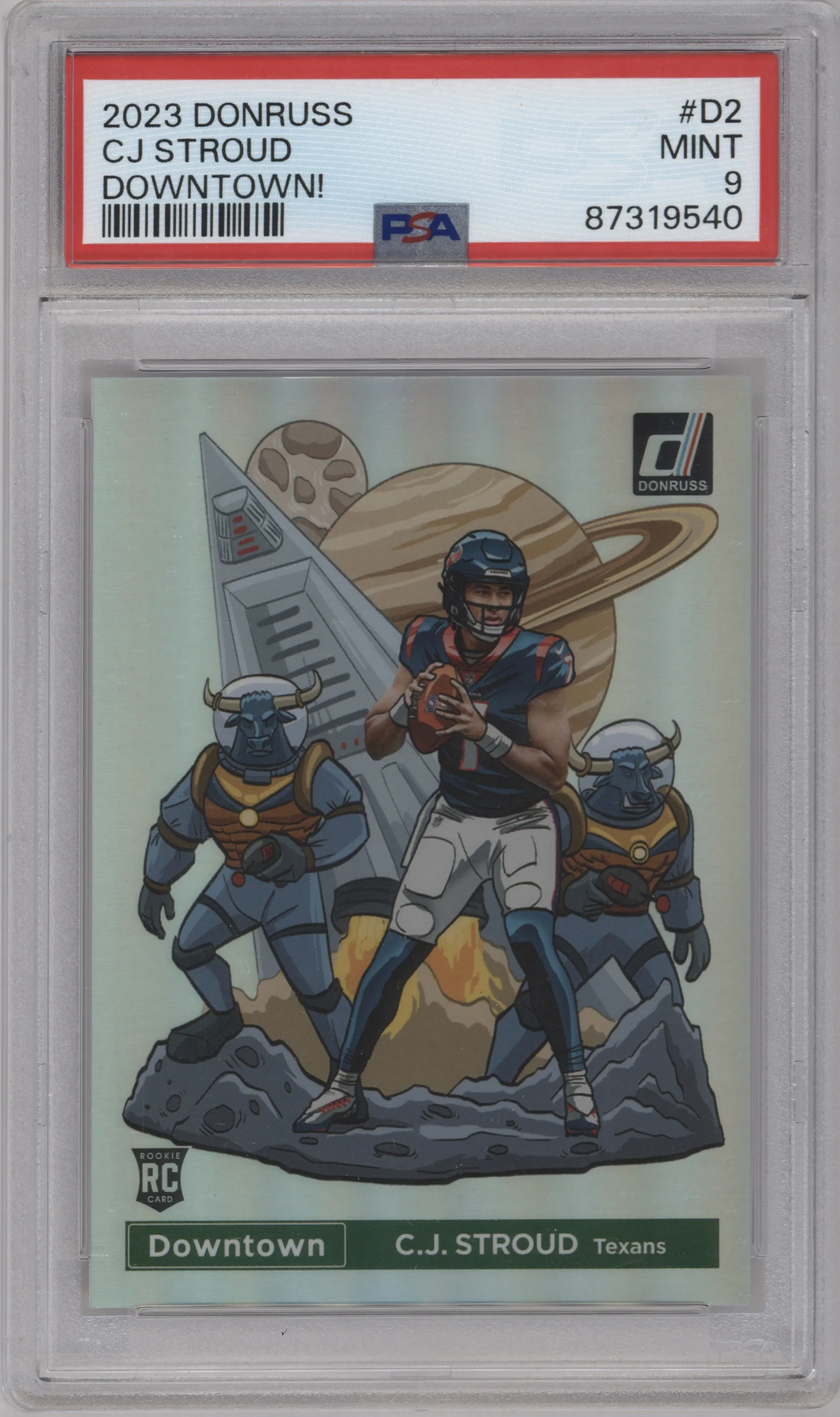C.J. Stroud from the 2023 Panini Donruss set graded by PSA and given an overall grade of 9.
