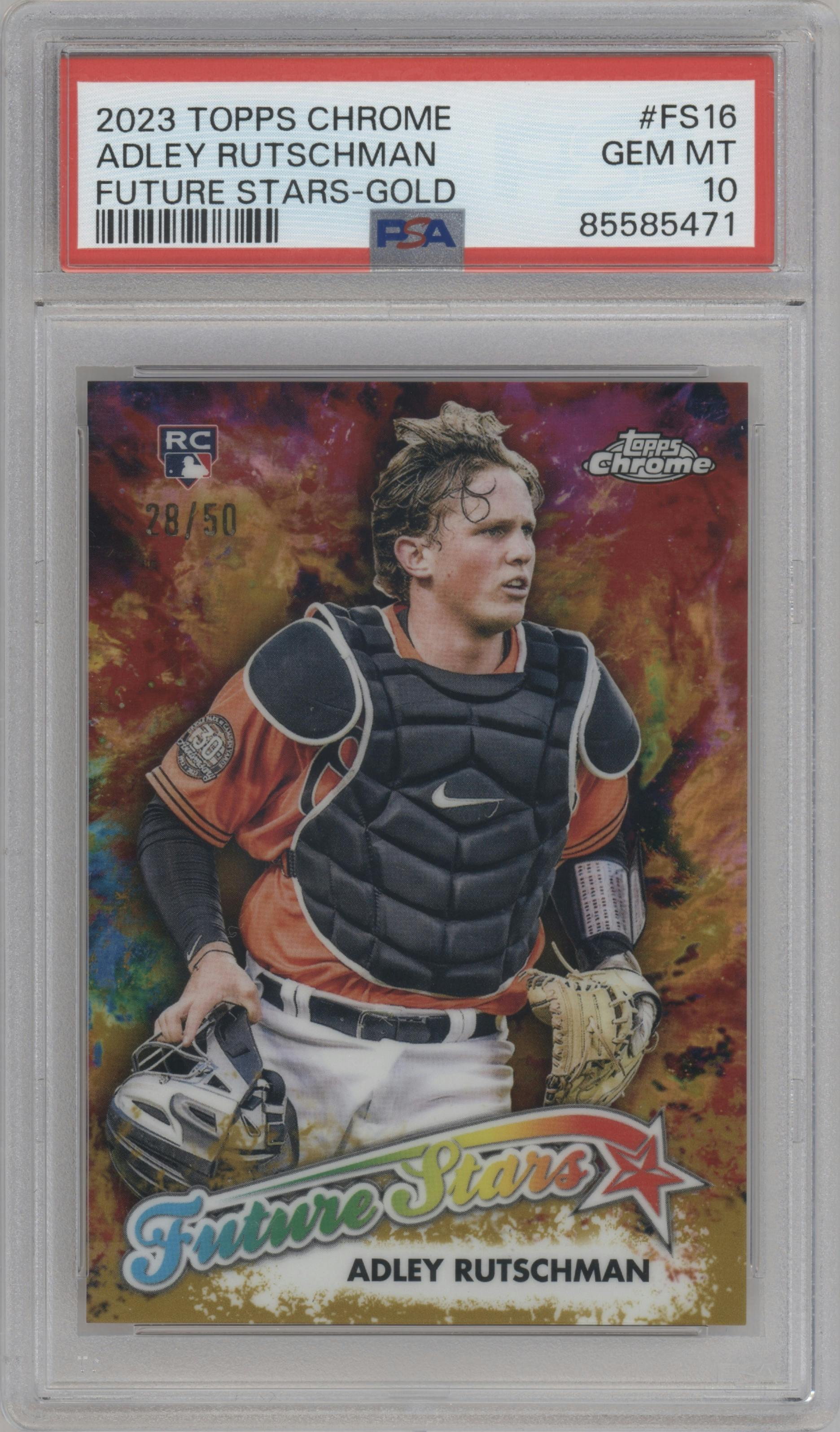 Adley Rutschman from the 2023 Topps Chrome set featuring a Gold Refractor parallel graded by PSA and given an overall grade of 10.