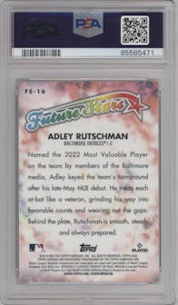 Adley Rutschman from the 2023 Topps Chrome set featuring a Gold Refractor parallel graded by PSA and given an overall grade of 10.