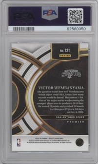 Victor Wembanyama from the 2023-24 Panini Select  set featuring a Blue Prizm parallel graded by PSA and given an overall grade of 10.